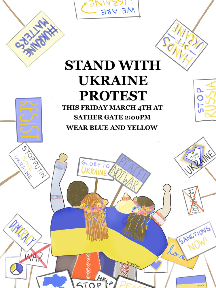 a poster made by UC Berkeley first-year student Marina Mezhibovsky to promote a pro-Ukraine protest that she organized