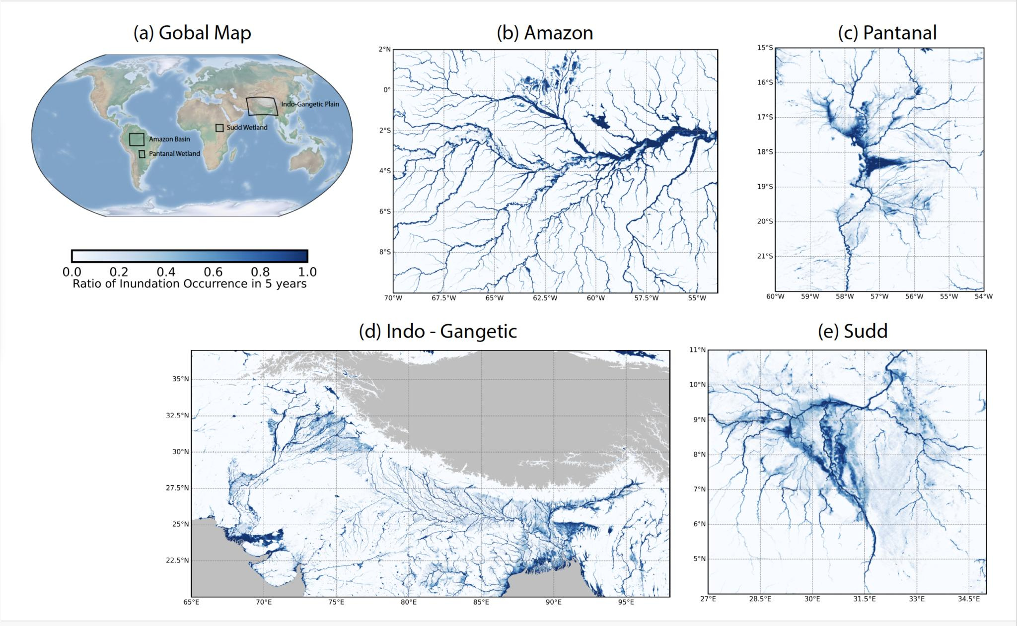 Five-year inundation ratios across key global wetlands.