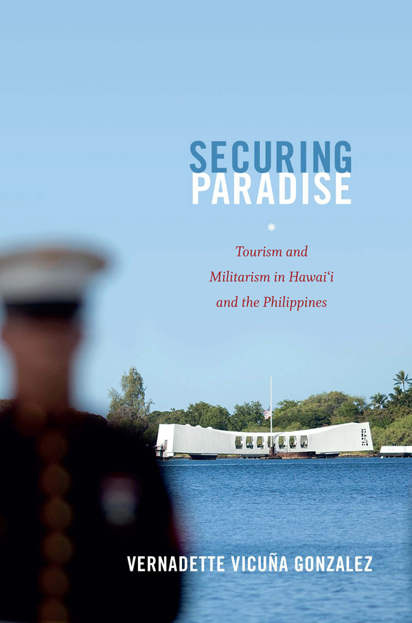 Book cover of Securing Paradise. A blurry Naval officer in the foreground with a military ship in the ocean in the background.