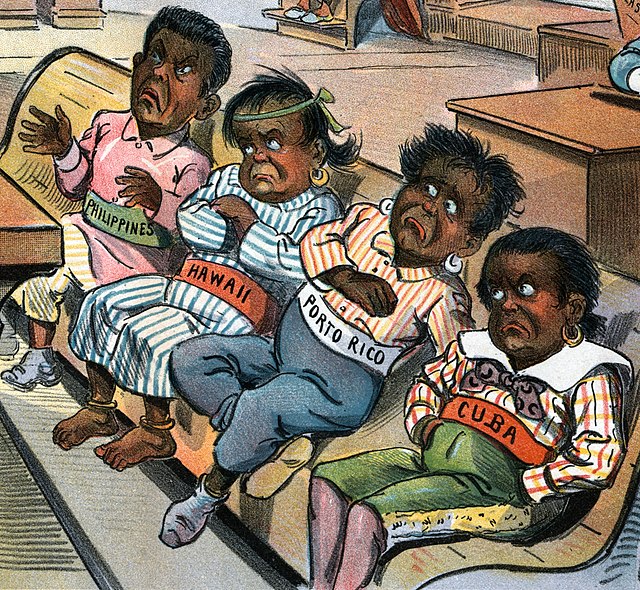 Political cartoon depicting four brown children being lectured by Uncle Same.