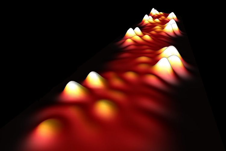 graphic of a dark-orange nanoribbon with periodic white hills indicating electrons