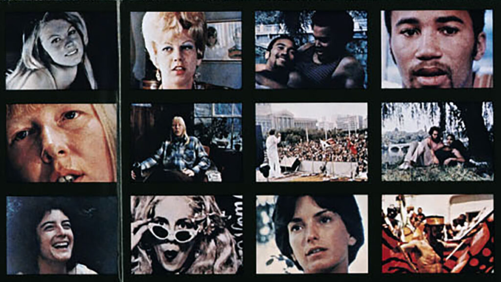part of the cover for the documentary Word is Out that shows a three by four grid of boxes, each with a person's face inside, all in different situations.