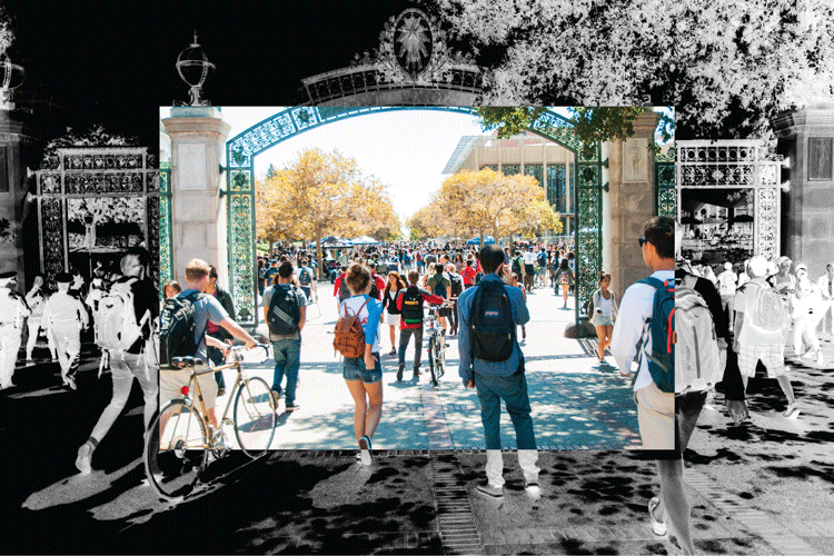 A photo illustration showing students entering the UC Berkeley campus at Sather Gate. The outer frame is in black and white negative; the central frame is in full color.