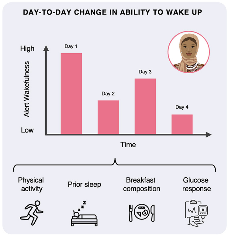 chart of day to day changes in ability to wake up, for a woman in a headscarf
