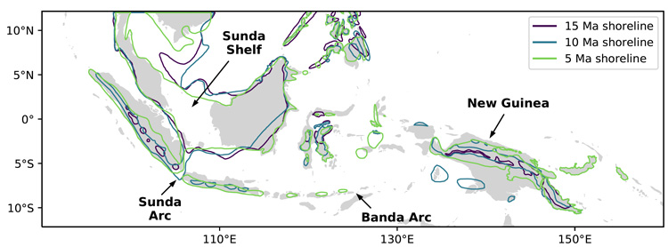 map of Southeast Asian islands showing growth of shorelines over past 15 million years