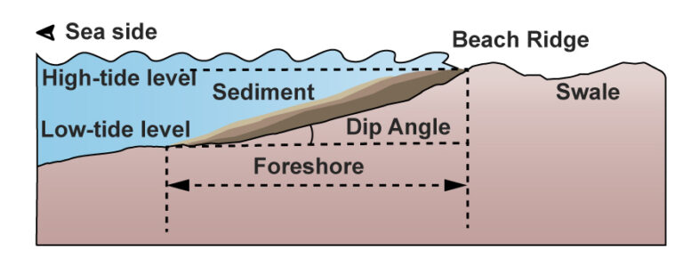 slice through a beach showing blue water and brown sediment