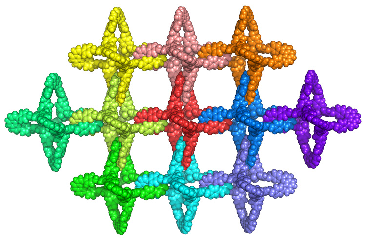 colorful array of 3D polyhedra, forming a structure like chain mail
