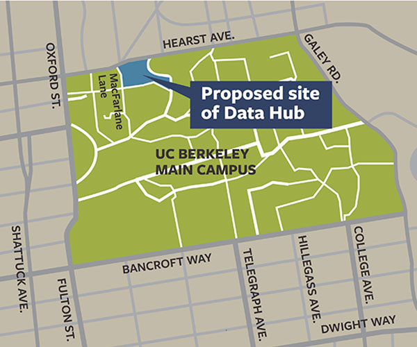 A map of the Berkeley campus, with the proposed site of the Data Hub highlighted in Blue. It is located on the corner of Hearst and Macfarlane lane.