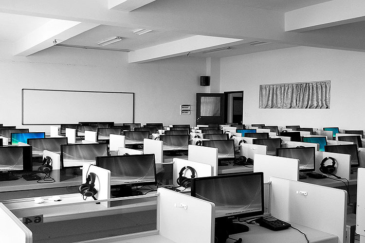 a stark black and white room with dozens of computers — but no workers