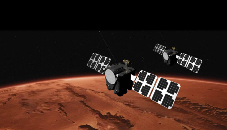 artist drawing of two satellites above mars