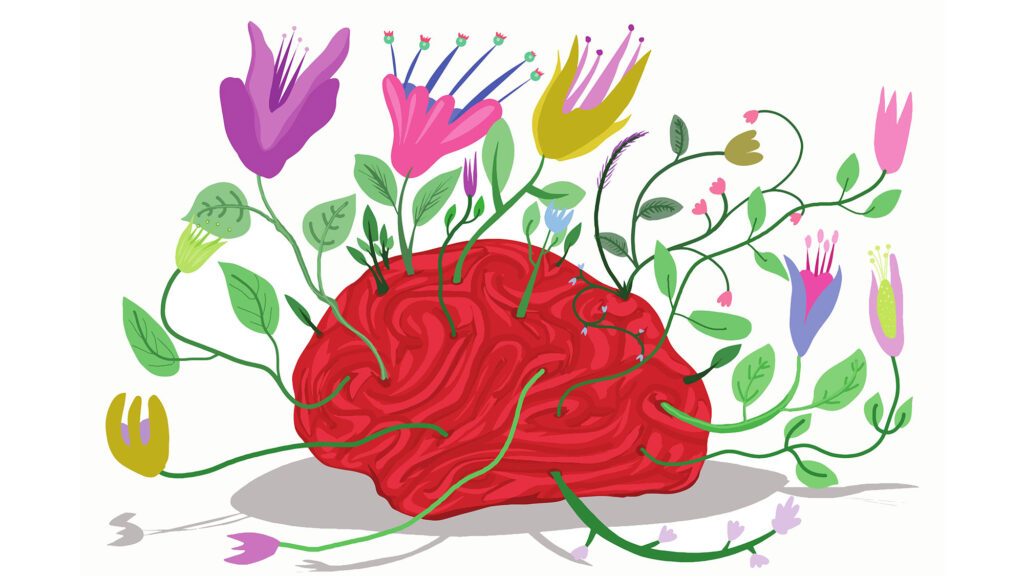 Colorful and playful graphic of brain with flowers sprouting from it.