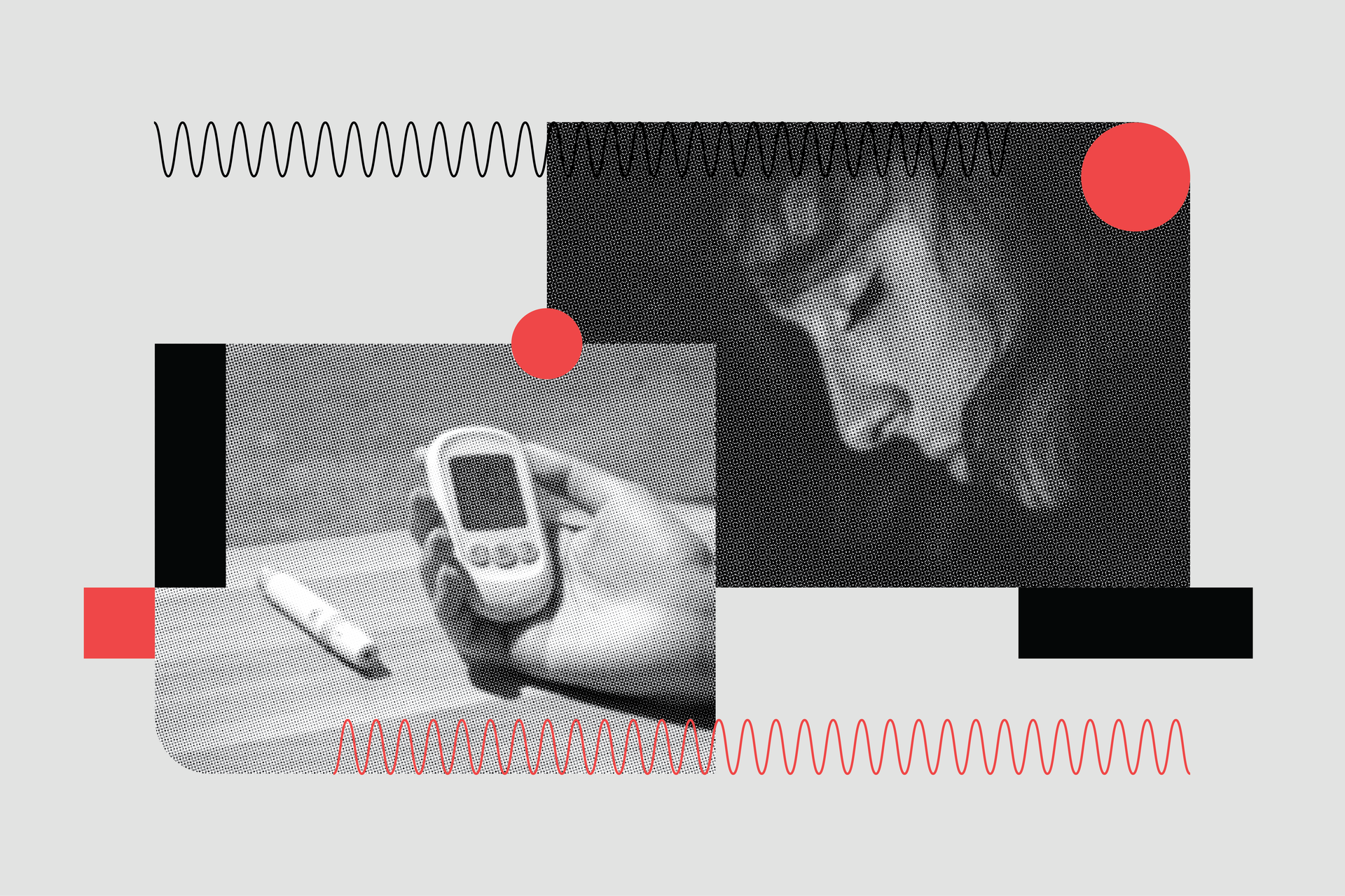 Two black and white images next to each other, with one showing a blood glucose monitor and another showing a person with their eyes closed, sleeping.