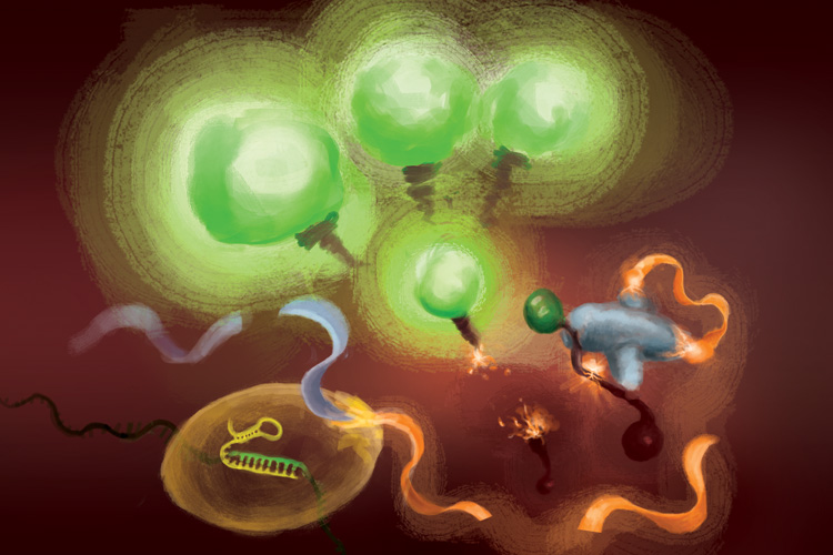 abstract illustration showing green orbs, DNA strands, blue and orange ribbons and a green circle