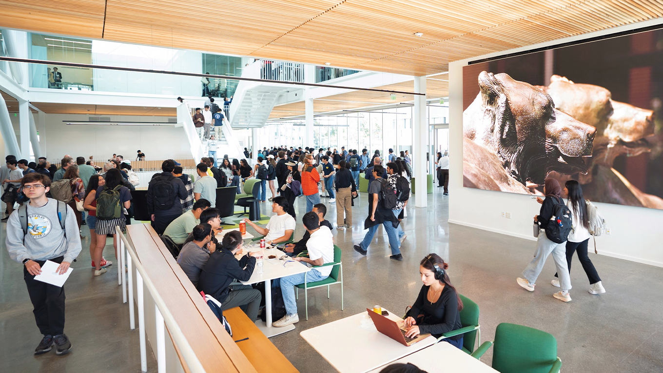 image of a new engineering center, bustling with people