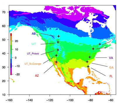 map of collection sites in North America, showing temperature zones in color