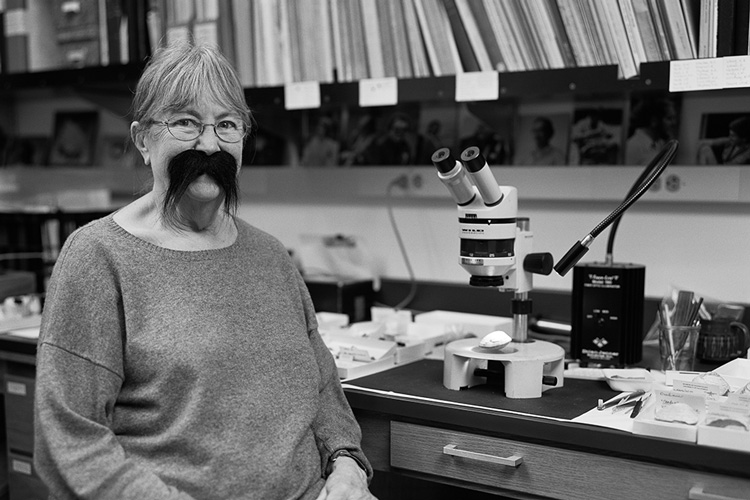 Paleontologist Carole Hickman wearing a mustache
