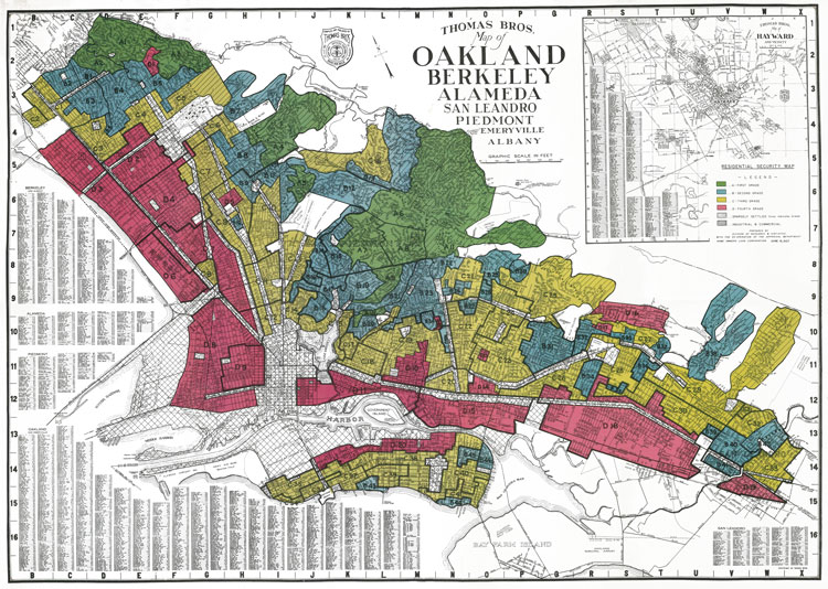 A historical redlining map of Oakland, Berkeley and Alameda neighborhoods