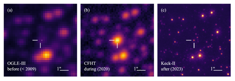 set of 3 blurry images of yellowish stars against a black background