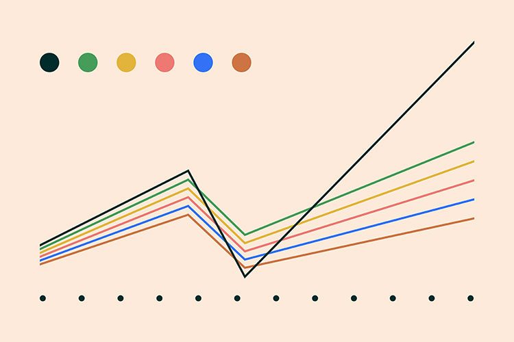 a graphic illustration based on the idea of metrics rising and falling, as shown by different lines in a graph