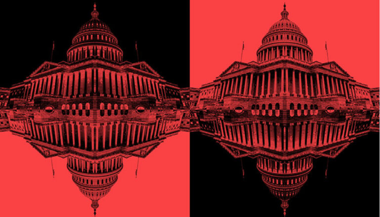 an eerie illustration, in stark red and black, of the US Capitol inverted and mirrored