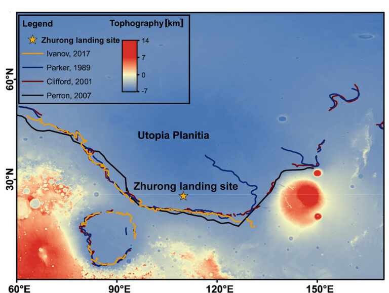 closeup map of Zhurong landing site on Mars, with blue indicating region that may once have been an ocean