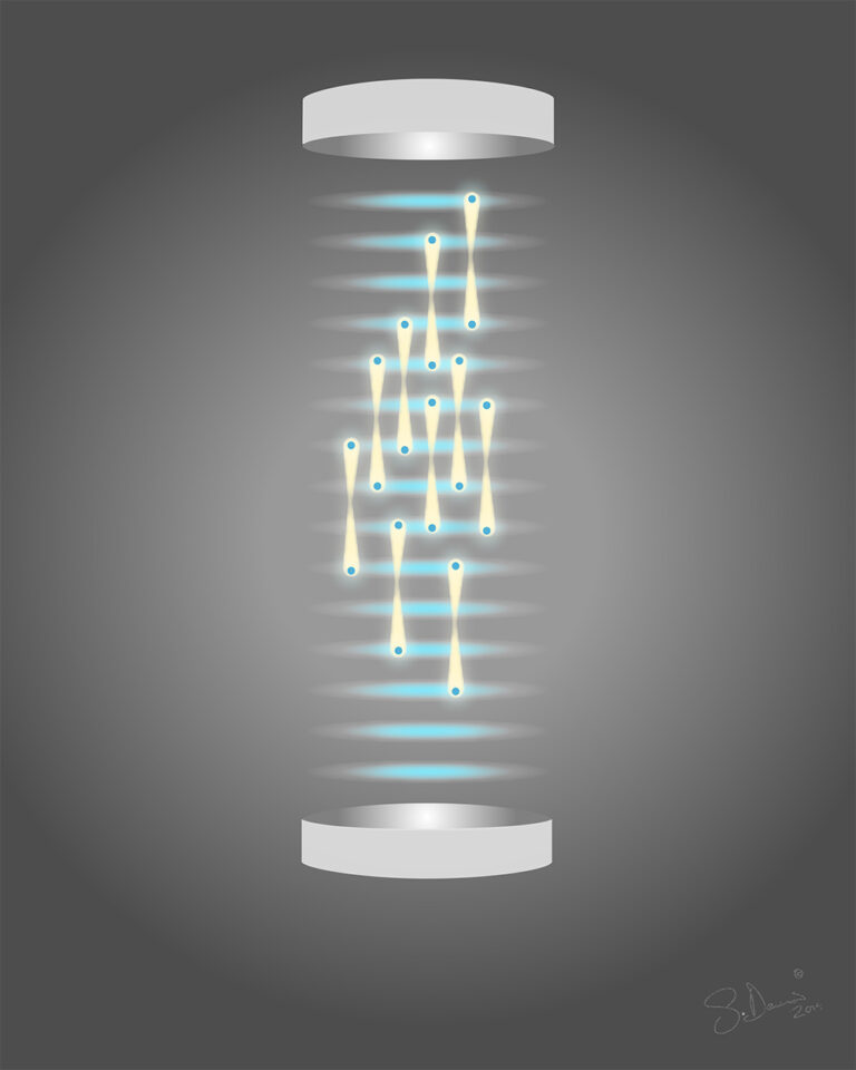 two silver disks with disks stacked between them and yellow lines indicating the position of superposed atoms