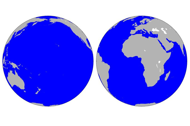 Earth's ocean hemisphere and continental hemisphere, in blue and gray