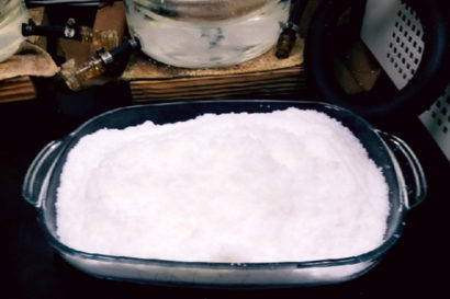 casserole dish containing white melamine powder