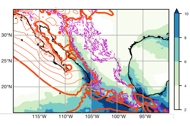 a weather map showing jet stream causing rain over Mexico