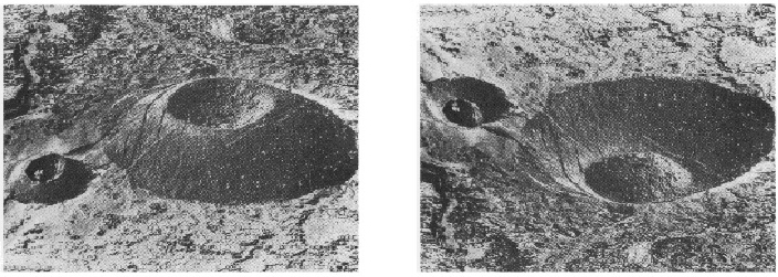 Two black and white images of a crater placed side-by-side. The image on the left is rotated 180 degrees.