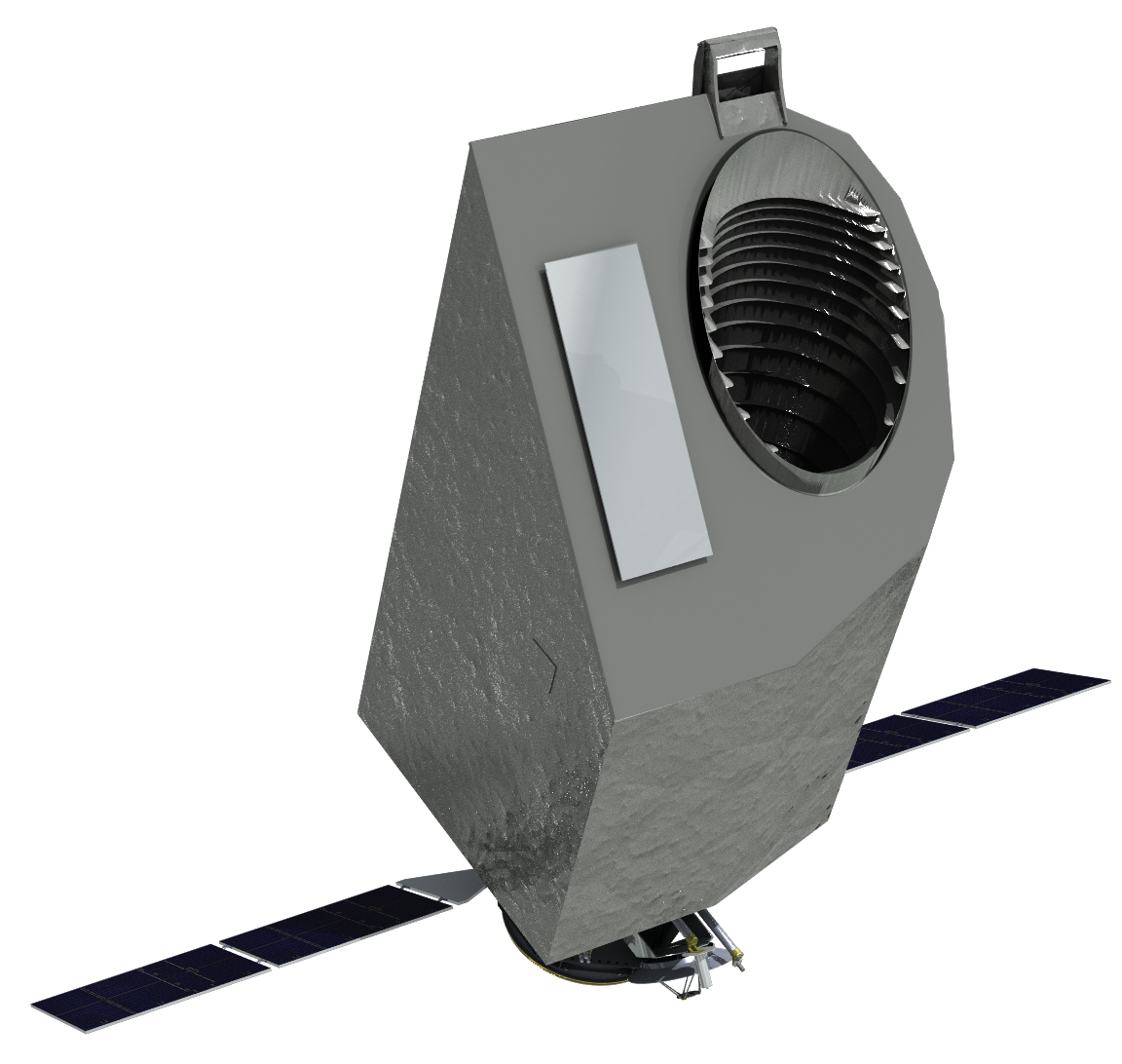 a gray, boxy satellite with wing-like solar panels and an opening at the top to collect UV light