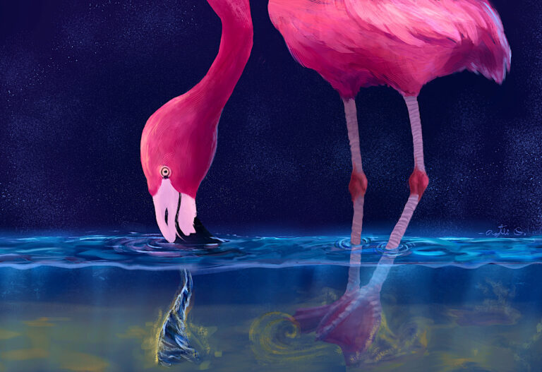 painting of a bright pink flamingo against a deep blue background, standing in water and creating little tornados