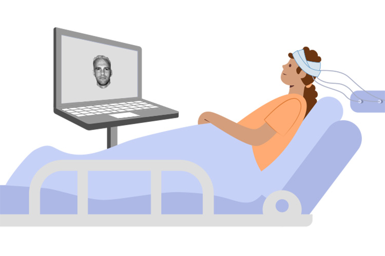 drawing of woman in bed with bandages around head, looking at TV screen with man's face
