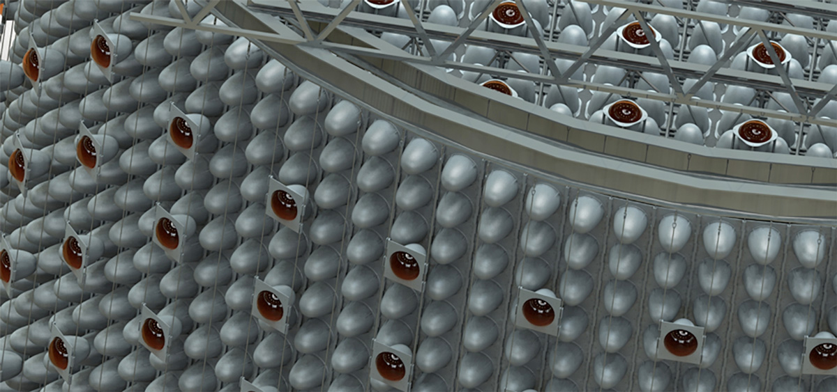 Close up image of Watchman antineutrino detector -- modules containing sets of photomultiplier tubes are bolted to cables