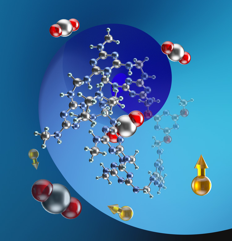 red and white carbon dioxide molecules interact with melamine structure against a blue background