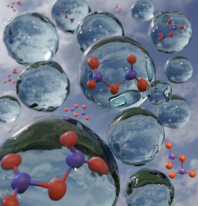 alt="Artistic rendering of N2O5 molecules colliding with water droplets in the atmosphere. "