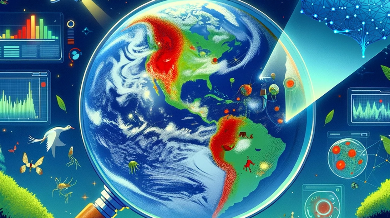 A colorful illustration shows a row of scientists in lab coats looking up at a vision of the Earth seen through a looking glass