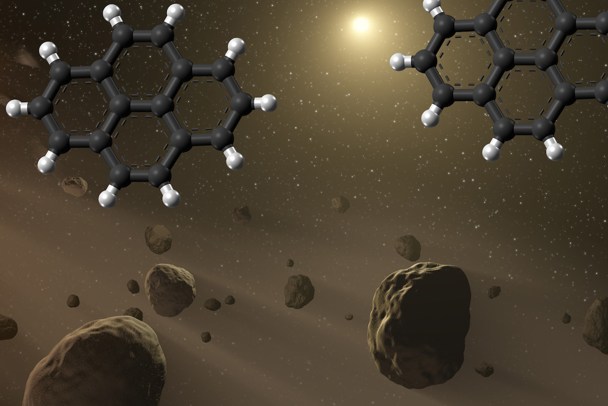 Illustration of Pyrene molecules, which are four-ring, 16-carbon polycyclic hydrocarbons, are likely formed around giant stars.