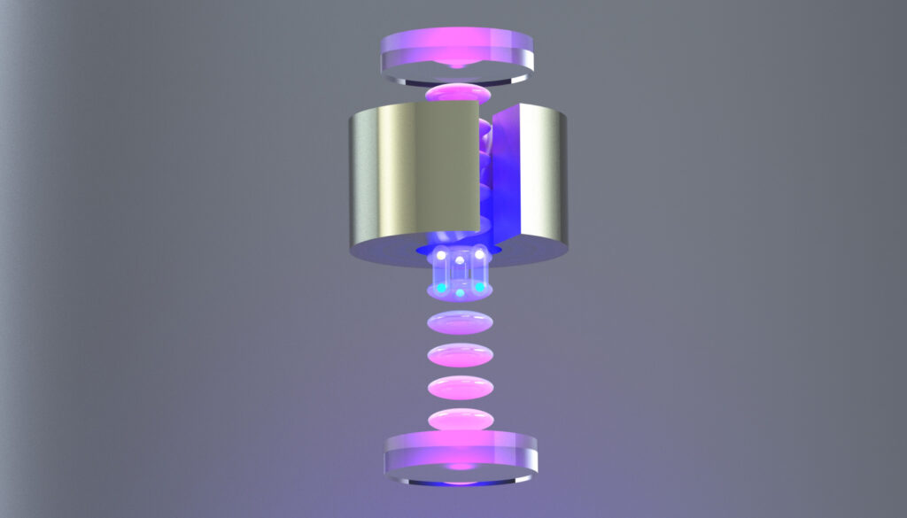 a silver ring surrounds a pink and blue stack of disk representing clusters of atoms