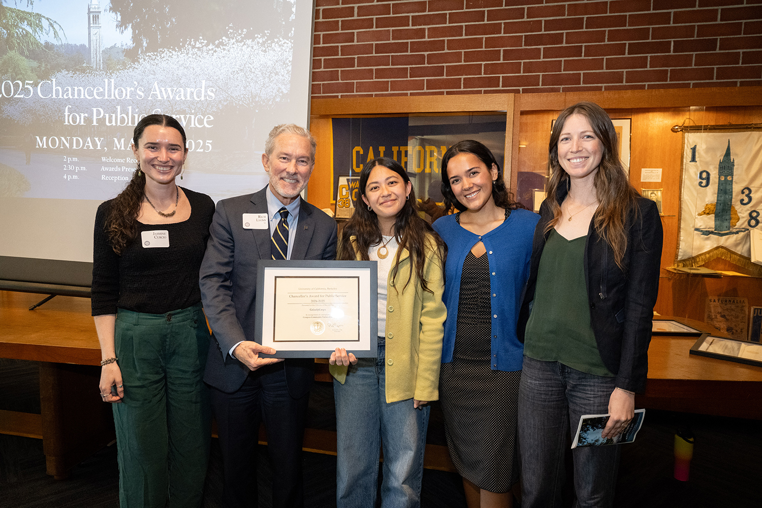 (Left to right) GrizzlyCorps Program Administrator Jasmine Curcio, Program Coordinator Cindy Pace, Membership and Events Coordinator Lily Elola, and Director Eliza Munger with UC Berkeley Chancellor Rich Lyons at the award ceremony.