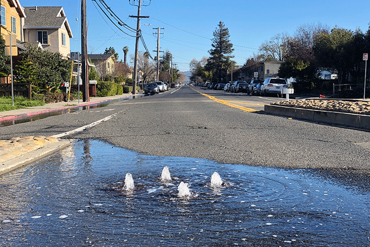 A photo shows a partially flooded residential street. In the foreground, water bubbles up through a manhole cover.