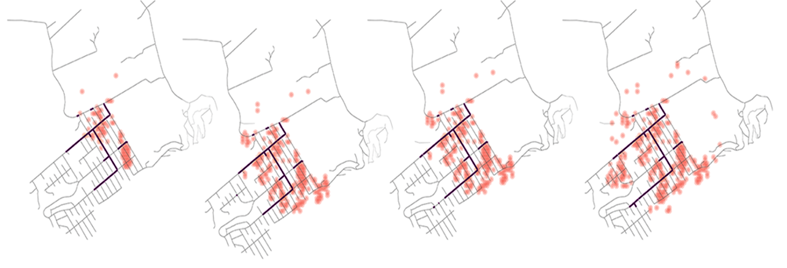 Four street maps of Bolinas, California, with similar arrays of purple lines indicating traffic and varying red blotches indicating wildfire spread.