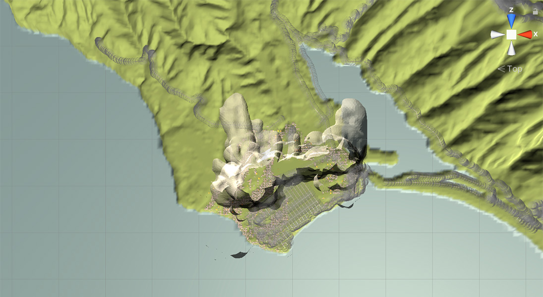 A screen capture of a simulated aerial map of Bolinas, California, on a peninsula in the Pacific Ocean. White blotches appear at center to indicate wildfire smoke. At the top right is what appears to be a controller to change views at the X and Z axes.