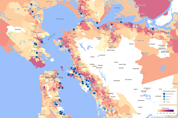 A map of the San Francisco Bay Area. Blue dots on the map indicate the locations of hazardous sites at risk of coastal flooding, while a colored overlay indicates the poverty level of surrounding communities.