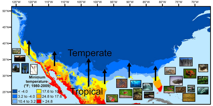 map showing animals that may move northward in the U.S. from the tropics