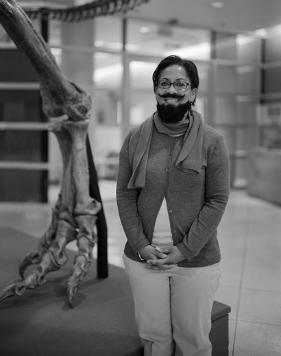 Paleontologist Lisa White wearing a beard