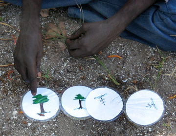 A person arranges small round cards depicting trees and small plants.