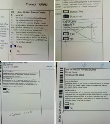 examples of ballot sheets with messy marking and ripped pieces.