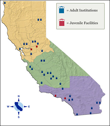  33 Adult and 4 Juvenile prisons pinpointed in blue and red respectively on a map of California.