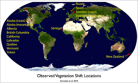 A world map showing observed Vegetation Shift Locations.